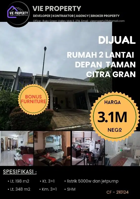 RUMAH DEPAN TAMAN DALAM CLUSTER BONUS FURNITURE CITRA GRAN CIBUBUR