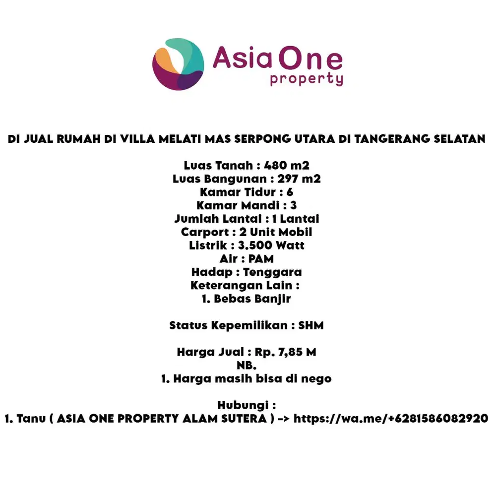 DI JUAL RUMAH DI VILLA MELATI MAS SERPONG UTARA DI TANGERANG SELATAN