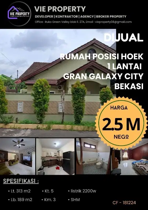 DIJUAL CEPAT RUMAH HOEK DIBAWAH HARGA PASAR GALAXY BEKASI