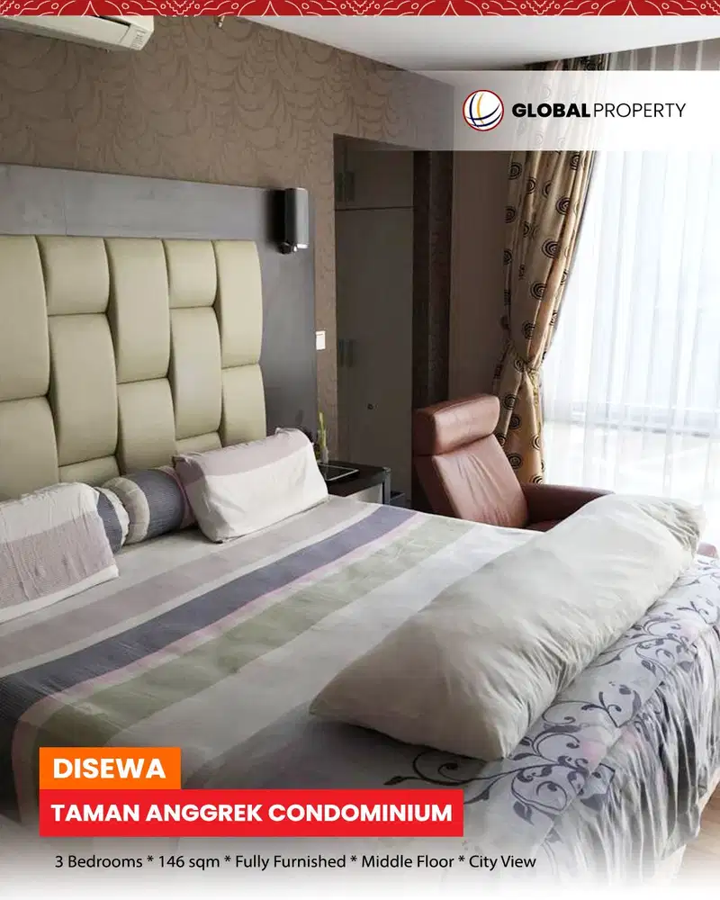 Disewa Taman Anggrek Condominium 3 Bed, Fully Furnished, City Floor