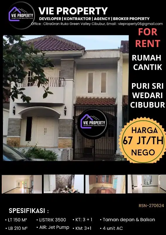 HANYA 5 MENIT KE TOL DISEWAKAN MURAH, RUMAH DI PURI SRIWEDARI CIBUBUR