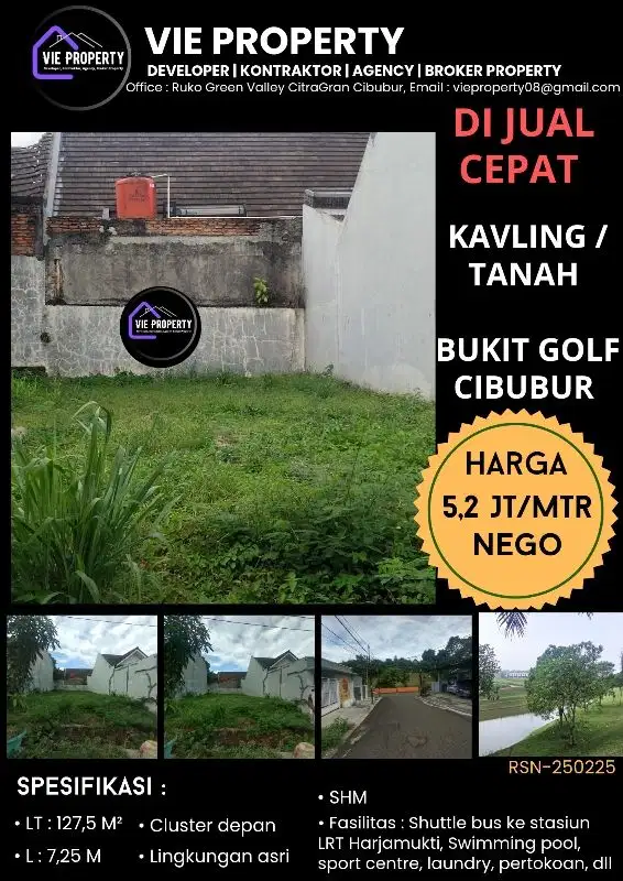 TURUN HARGA , KAVLING SIAP BANGUN  DI BUKIT GOLF CIBUBUR
