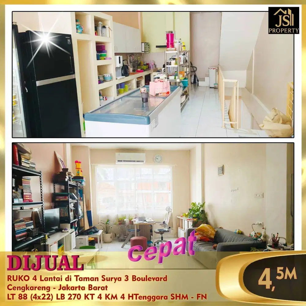 DIJUAL RUKO 4 LANTAI DITAMAN SURYA 3 BOULEVARD CENGKARENG JAKARTA