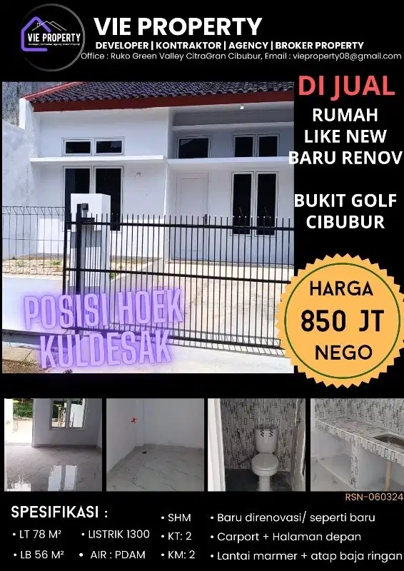 Dijual Rumah baru renov posisi hoek kuldesan di Bukit Golf Cibubur