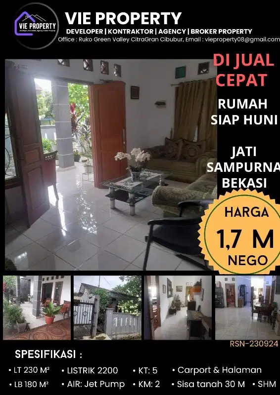DIJUAL CEPAT MURAH! TURUN HARGA  RUMAH DI JATISAMPURNA BEKASI