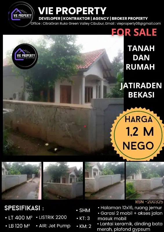 DIJUAL MURAH TANAH DAN BANGUNAN DI JATIRADEN KRANGGAN BEKASI