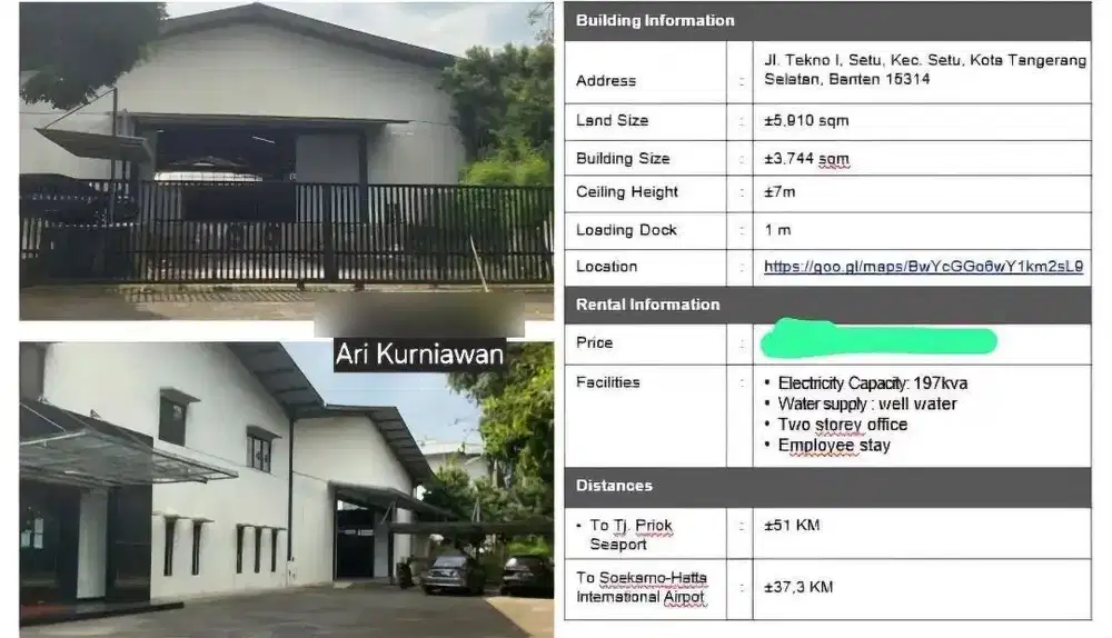 Dijual cepat second gudang multiguna di taman tekno bsd serpong 100Man