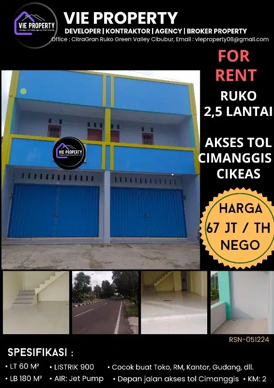 RUKO DISEWAKAN MURAH DI AKSES JL TOL CIMANGGIS