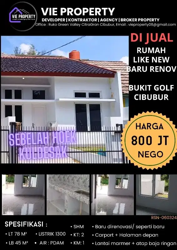 Rumah baru renov,  sebelah hoek kuldesak  di perum Bukit Golf  Cibubur