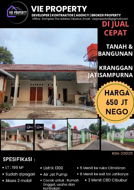 TURUN HARGA DIJUAL MURAH BU, TANAH DAN BANGUNAN  KRANGGAN JATISAMPURNA BEKASI