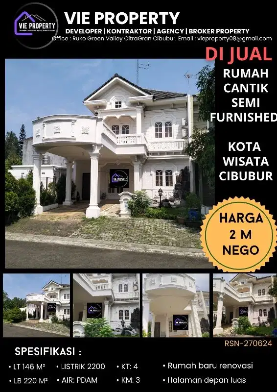 DIJUAL RUMAH 2 LANTAI CANTIK SEMI FURNISHED DI KOTA WISATA NEGO SAMPE DEAL