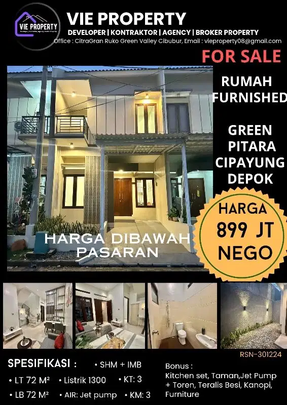 JUAL BANTING HARGA RUMAH  FURNISHED DI GREEN PITARA CIPAYUNG DEPOK