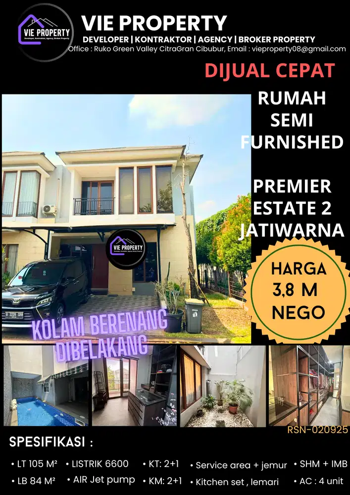 DIJUAL CEPAT RUMAH DENGAN KOLAM BERENANG DI PREMIER ESTATE 2 JATIWARN