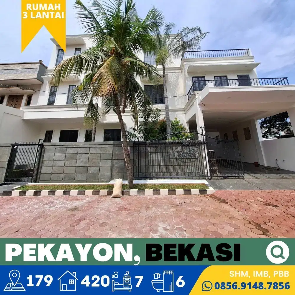Rumah dijual Mewah Murah, 3 Lantai Pekayon, Bekasi Nempel Galaxy, SHM