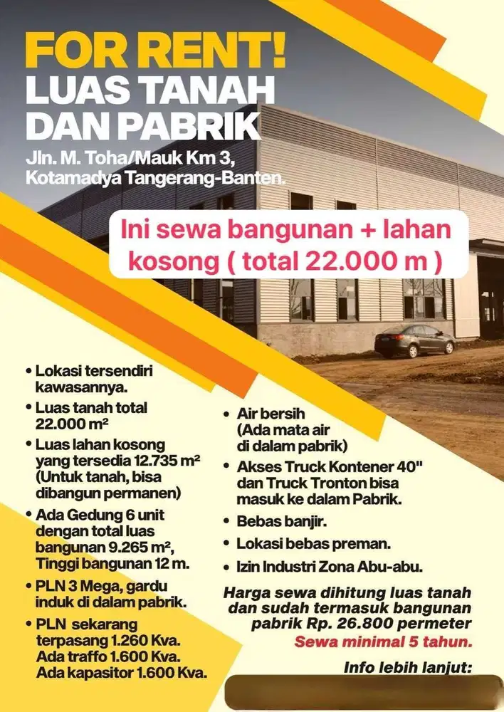 Disewakan Bangunan & Lahan Kosong Jl M Toha/ Mauk Kotamadya Tangerang