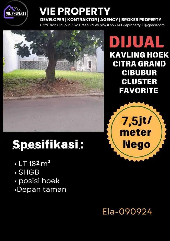 Tanah posisi hoek depan taman di Citra Gran Cibubur