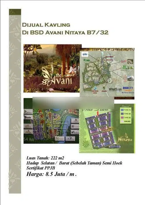 Dijual Kavling Bsd Avani Nittaya, Hadap Selatan Barat Semi Hoek
