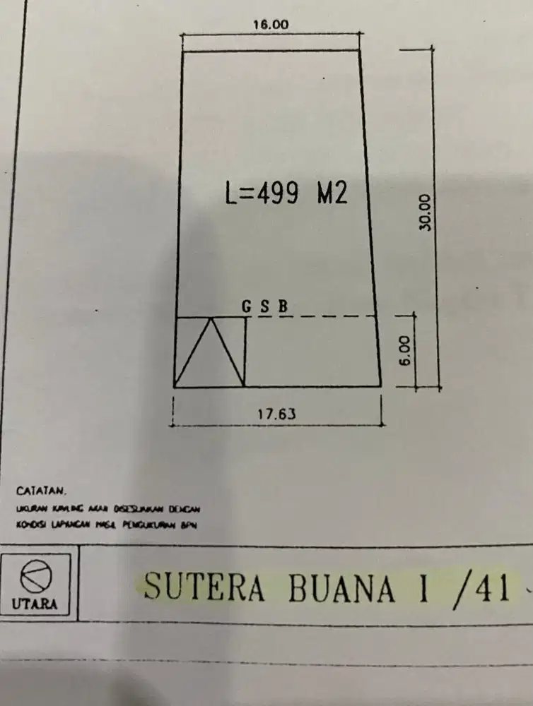 Dijual Kavling Sutera Buana 1 no 41  LT 499 m2 Badan - Kuldesak