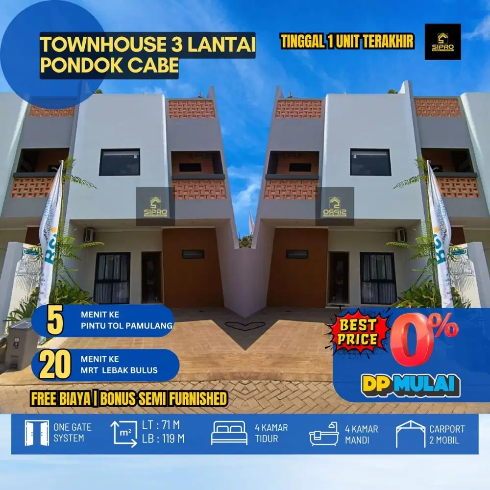 742 Townhouse Cantik 3 Lt + Rooftop Sisa 1 Unit di Pd Cabe, Pamulang