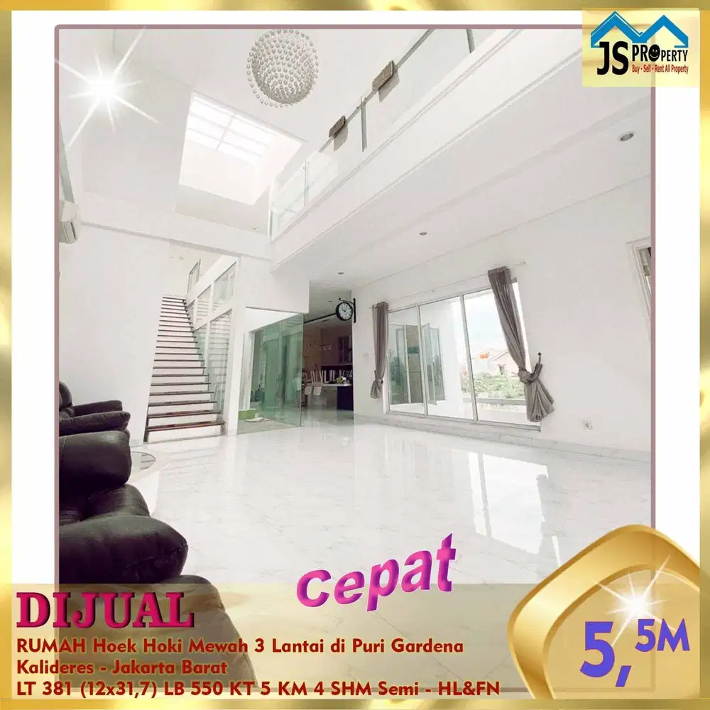 DIJUAL RUMAH HOEK3 LANTAI PURI GARDENA KALIDERES JAKARTA BARAT
