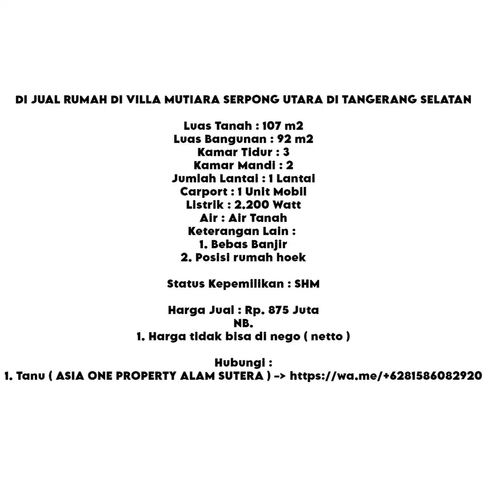 DI JUAL RUMAH DI VILLA MUTIARA SERPONG UTARA DI TANGERANG SELATAN