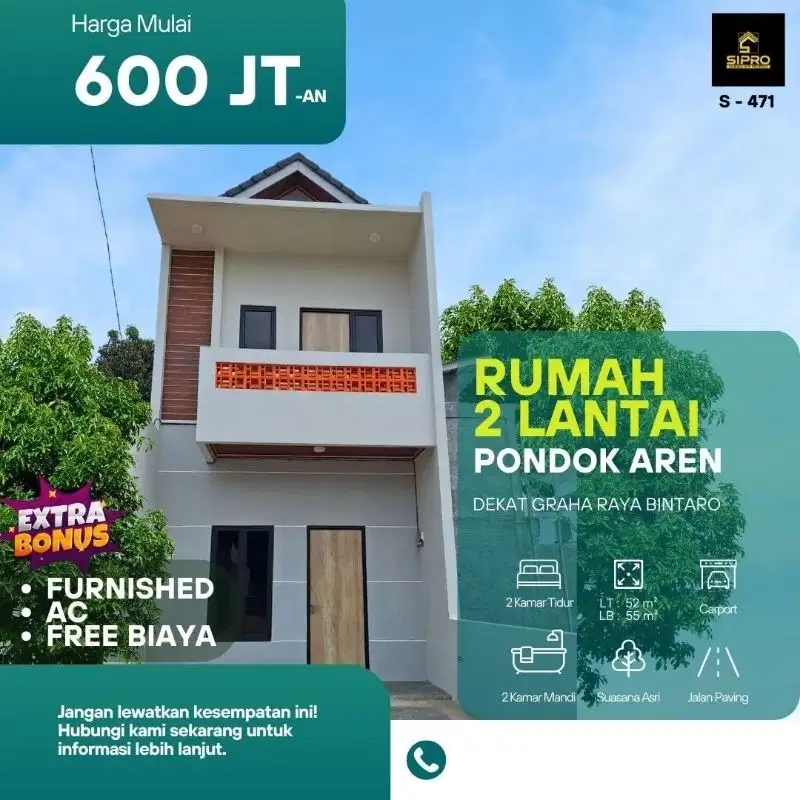 Rumah 2 Lantai Siap Huni Dekat Graha Raya Bintaro Harga Ekonomis