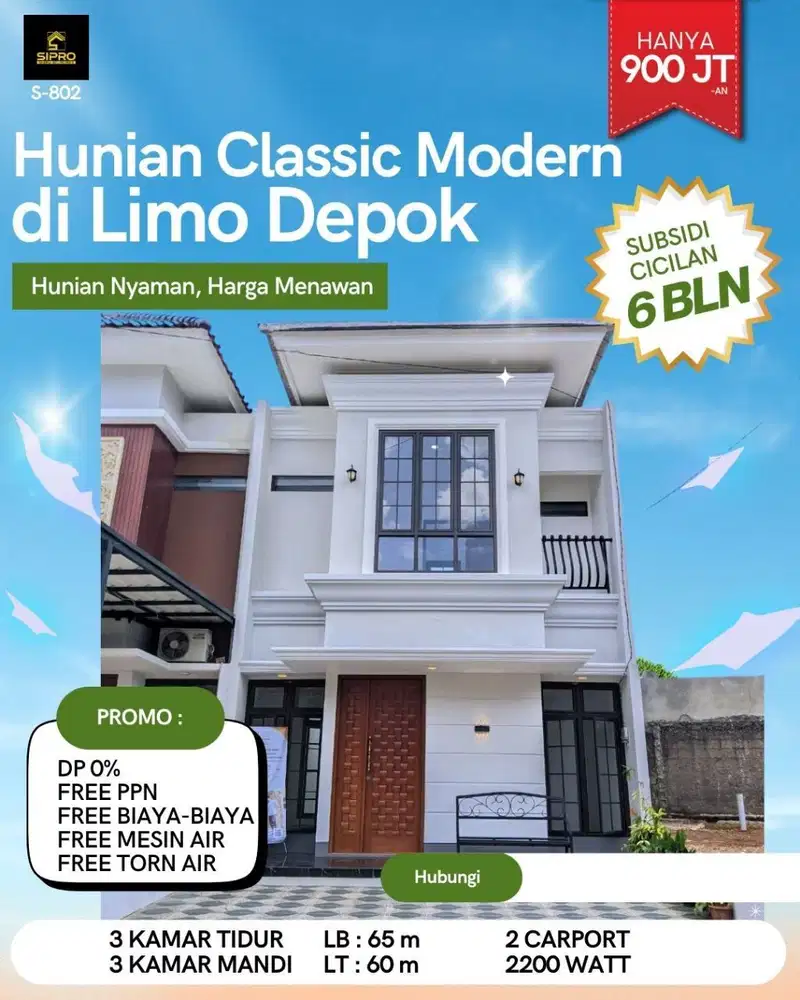 Rumah 2 Lt di Limo Cinere Dp 5 Juta Free Biaya plus subsidi 6 bln angs