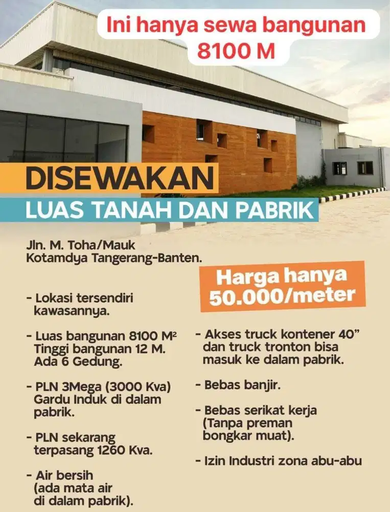 Disewakan Bangunan Pabrik Jl M Toha/ Mauk Kotamadya Tangerang