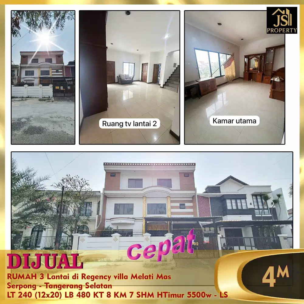 DIJUAL RUMAH 3 Lantai di Regency villa Melati Mas Serpong Tgr - LS
