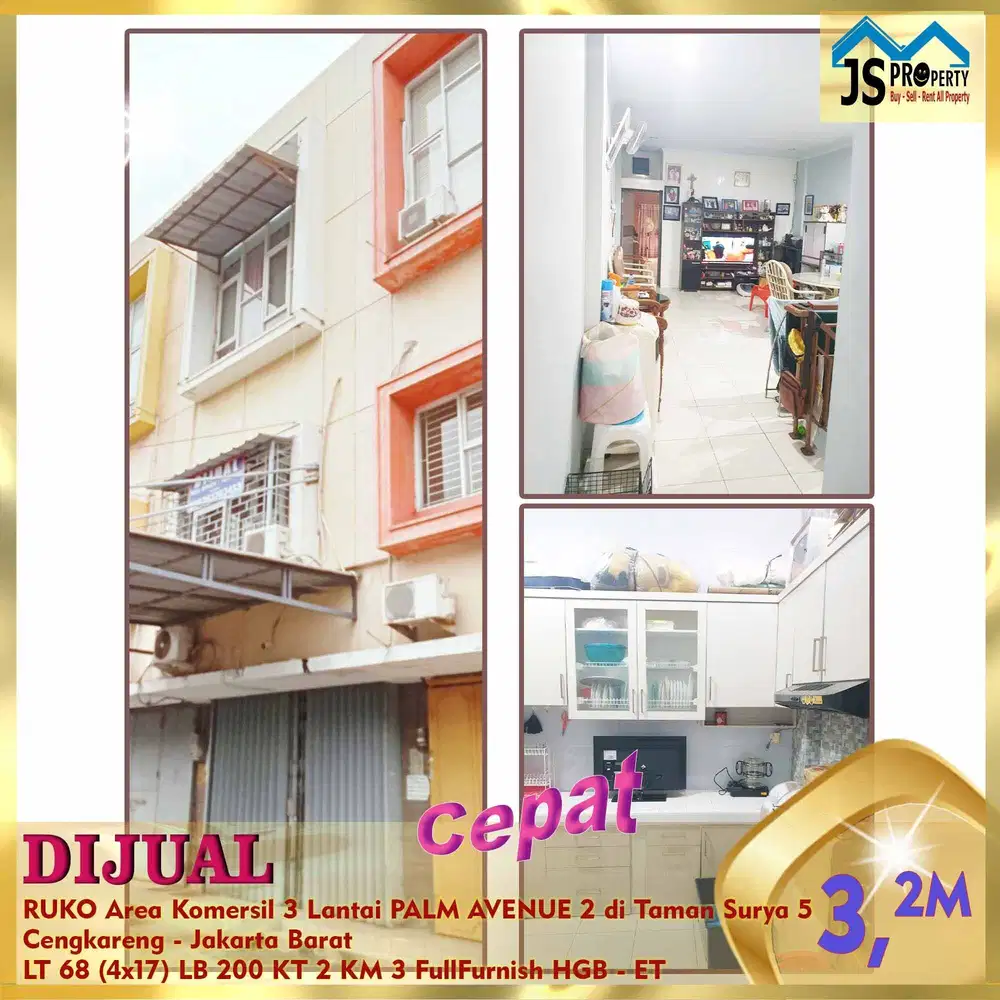 DIJUAL RUKO Area Komersil 3 Lantai PALM AVENUE 2 di Taman Surya 5 - ET