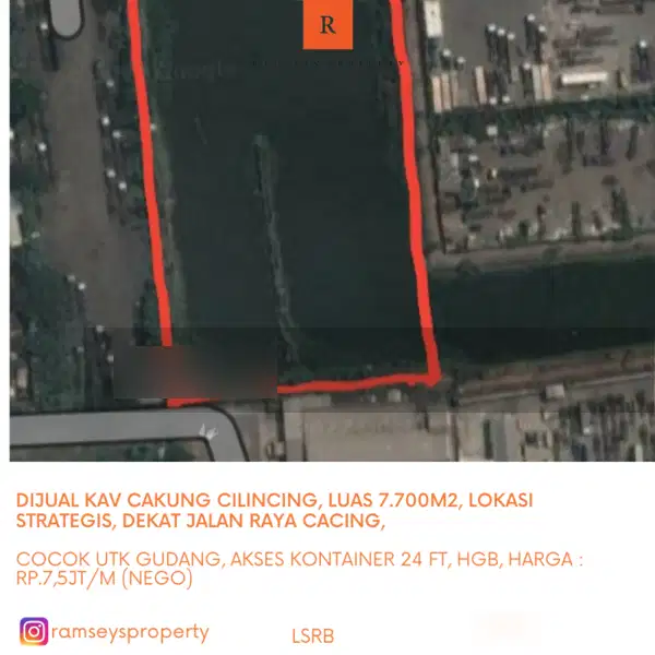 DIJUAL KAVLING KOMERSIAL, CAKUNG CILINCING, JAKARTA UTARA, LT. 7.700 M2, SHGB, PERUNTUKAN KANTOR, GUDANG