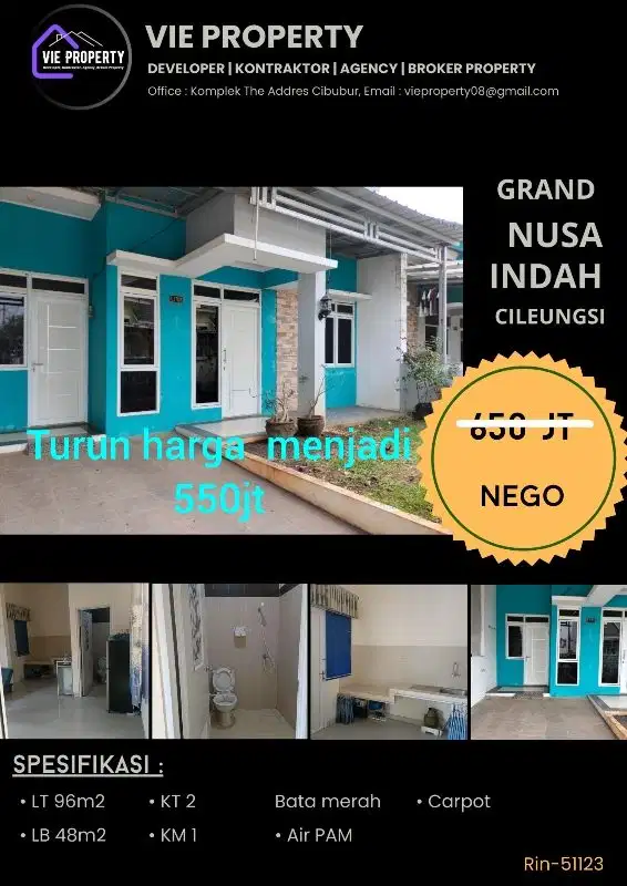 TURUN HARGA RUMAH di GRAND NUSA INDAH Cileungsi LANGSUNG OWNER (BU)