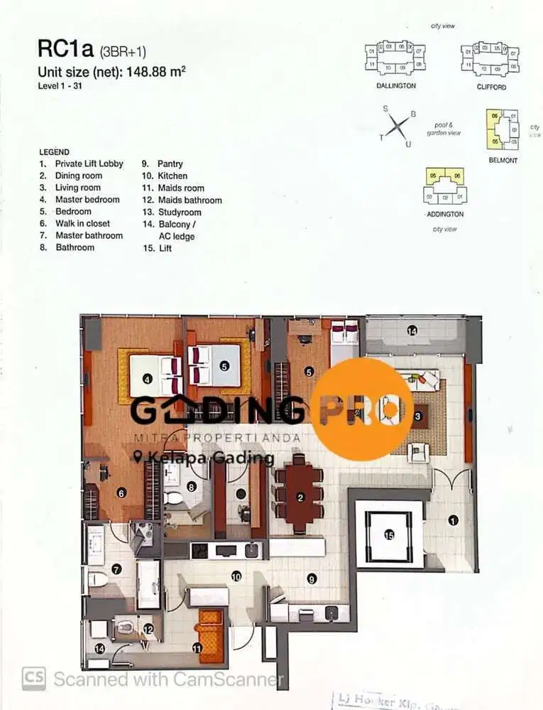 Sewa the  Kensington 3 BR Tower Belmont, kelapa gading