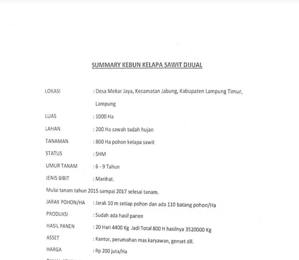 TANAH PERKEBUNAN SAWIT 1000HA DIJUAL MURAH DI LAMPUNG TIMUR