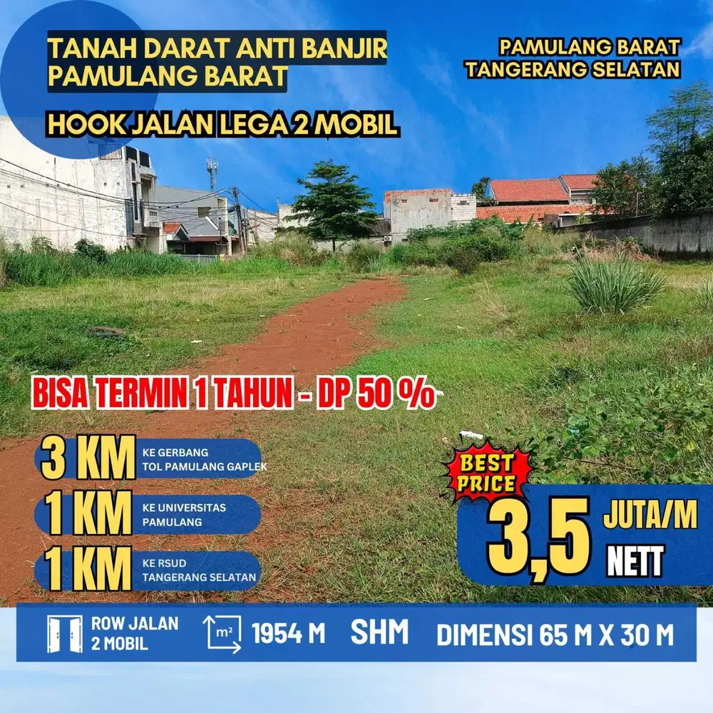 Rz.Tanah Darat Anti banjir Hook Jalan Lega 2 Mobil di Pamulang Barat