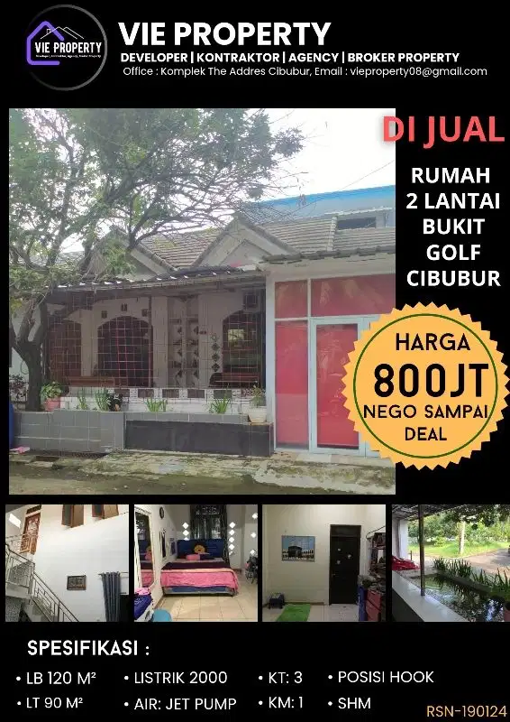 DIJUAL CEPAT BANTING HARGA. Rumah 2 lt di Bukit Golf Cibubur