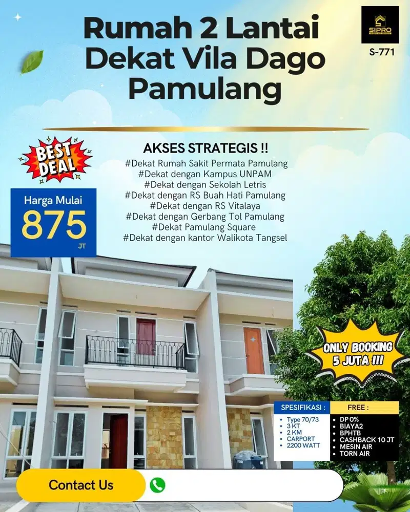 771.Rumah 2lantai Modern Free Biaya Dkt ke Pamulang Square di Pamulang