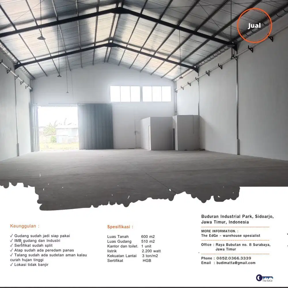 jual gudang buduran sidoarjo dekat gudang bulog kota sidoarjo