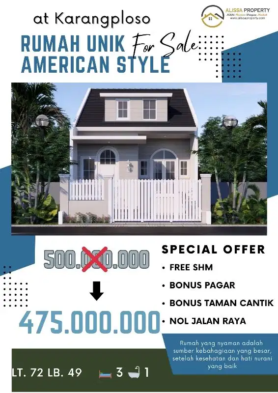 PROMO TERBATAS! Rumah Indent American Style Karangploso FREE SHM