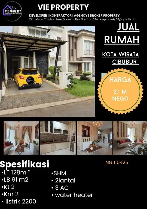 Jual Cepat Rumah Cantik Siap Huni Dalam Cluster Favorite 2,1 M Nego Kota Wisata Cibubur.