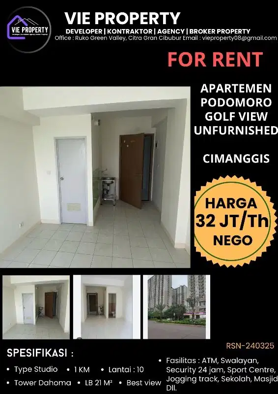 Turun Harga Disewakan apart studio di Podomoro Golf View