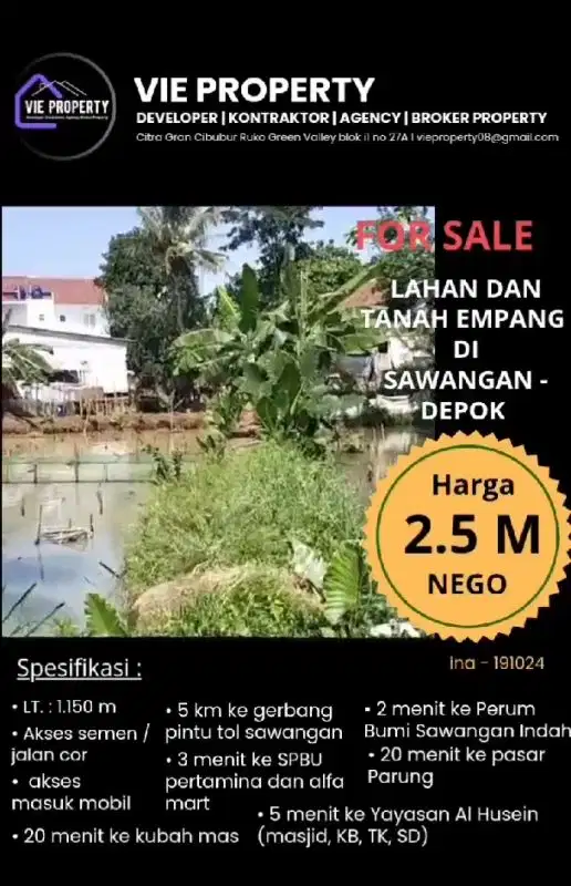 Lahan dan tanah empang di Sawangan Depok