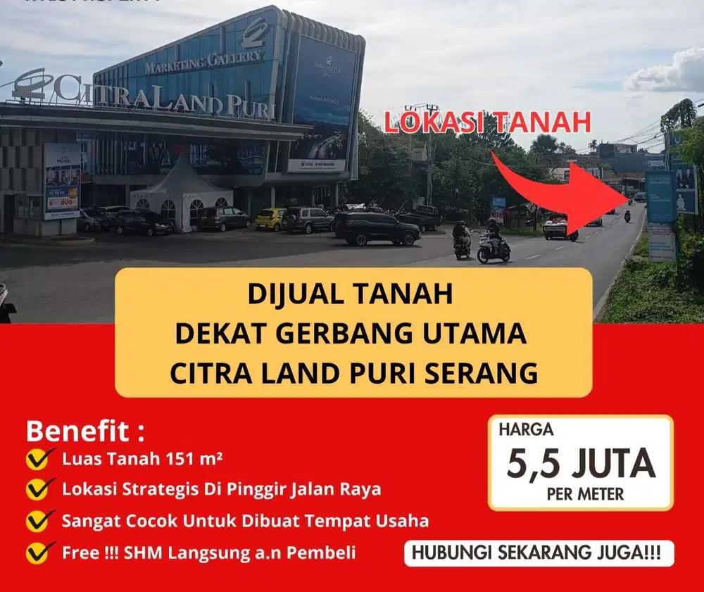 Tanah Pinggir Jalan Raya Ciracas Serang Depan Citraland