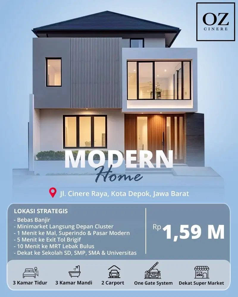 Rumah Modern 2 Lantai Cluster OZ Residence Cinere Depok