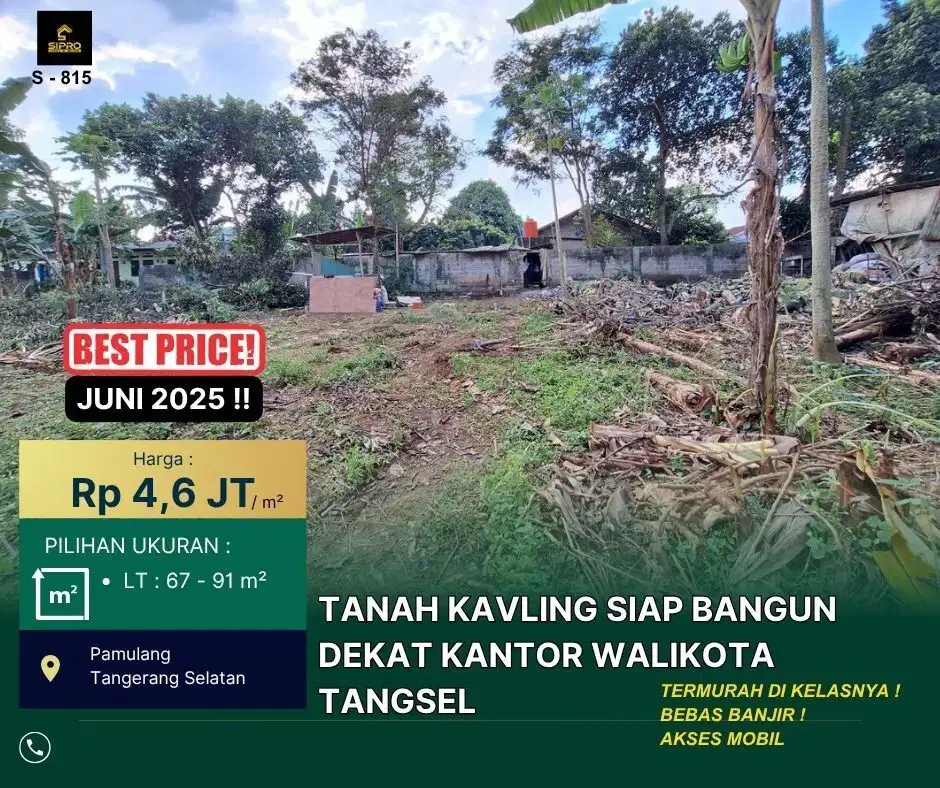 S815.Tanah Kav Siap Bangun Dkt kantor Walikota di Pamulang Free Biaya