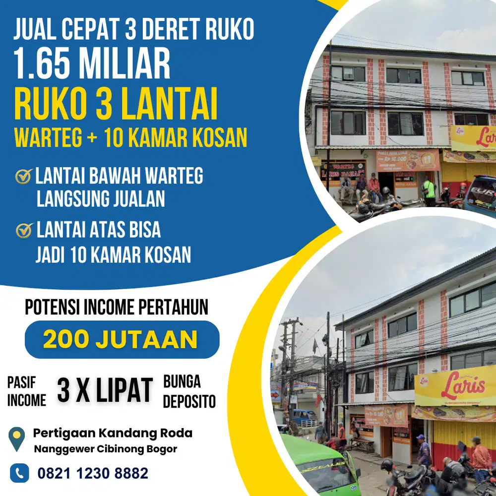 Ruko 3 Lantai Bonus Bisnis Warteg & Kosan 10 Kamar Income 200 juta