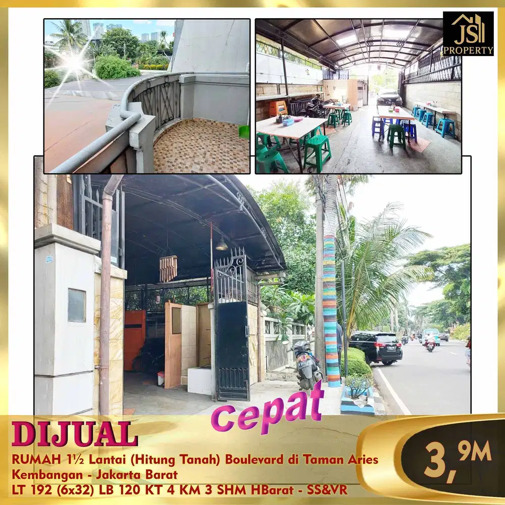 DIJUAL CEPAT RUMAH 1½ Lantai (Hitung Tanah) di Taman Aries - SS&VR