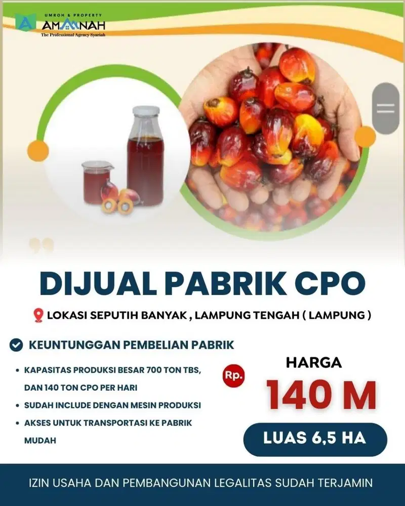PABRIK CPO DIJUAL MURAH PERIZINAN LENGKAP