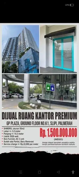 Di Jual Ruang Kantor Premium Di Gp Plaza, Ground Floor No.K1,Slipi Palmerah