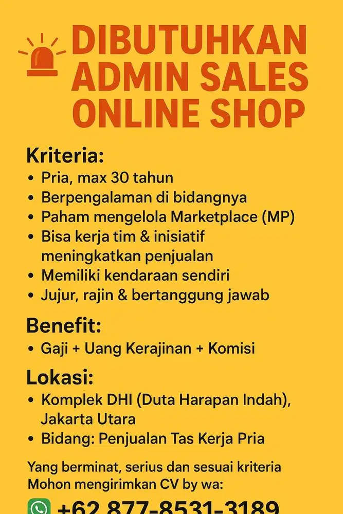 Di butuhkan admin sales market place